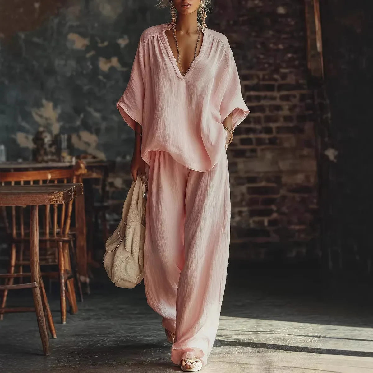 2026 Women's Fashion Casual Solid Color V-Neck Loose Short-Sleeve Casual Long Pants Two-Piece Set Women's Clothing