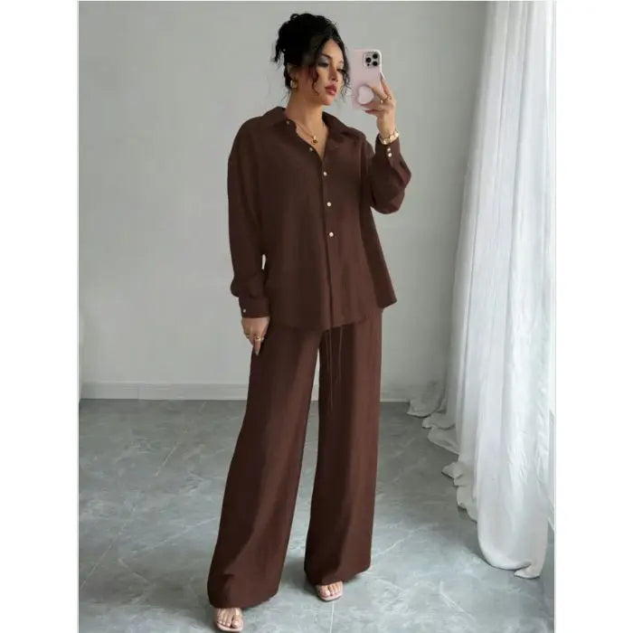 Spring New plus Size Women's Home Clothes Set Loose Long Sleeve Shirt High Waist Wide Leg Pants Two-Piece Pure Color Outfit