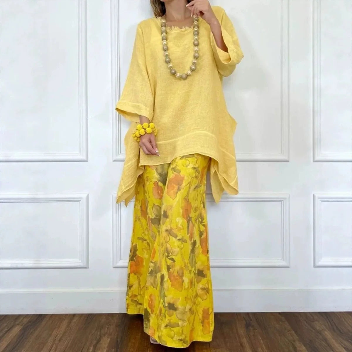 2026 New Fashion Best-selling Women's Casual Hemp Blend Asymmetrical Loose Top Wide-leg Pants Set