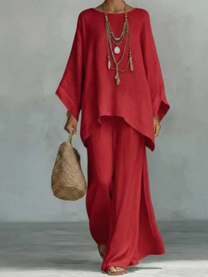 Women's Summer 2-Piece Set Elegant Long Sleeve Top with Casual Wide Leg Pants Fashionable Beach Vacation Outfit