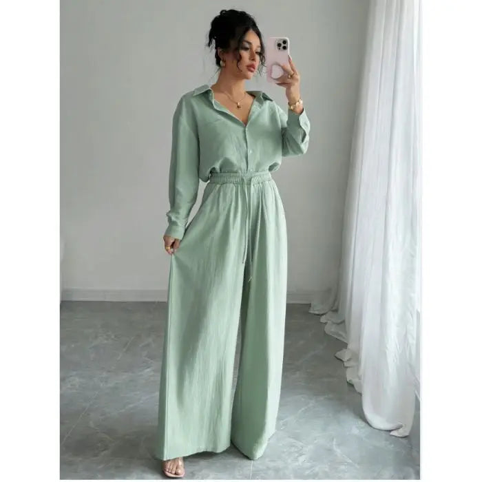 Spring New plus Size Women's Home Clothes Set Loose Long Sleeve Shirt High Waist Wide Leg Pants Two-Piece Pure Color Outfit