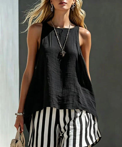 Fashion Solid Color Sleeveless Top Printed Striped Shorts Women's 2 Piece Set Summer Casual Seaside Vacation Female Shorts Set