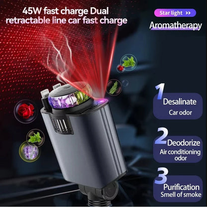 5-In-1 Car Aromatherapy Essential Oil Diffuser Starry Light 45W Retractable Phone Charger with IOS Type C PD30W Cable For IPhone