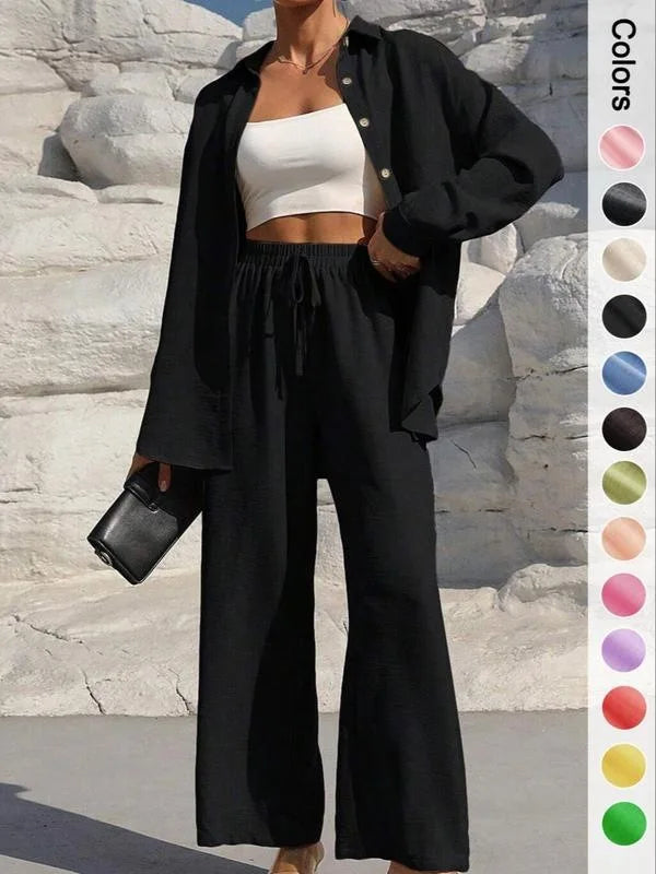 Spring Summer Women Matching Sets Shirts Blouses Solid Color Long Cardigan Pants Trousers Outfits Suits Tracksuits Casual