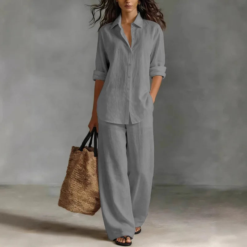 Spring Autumn Loose Cotton Linen Wide Leg Trousers Female Office 2piece Set
