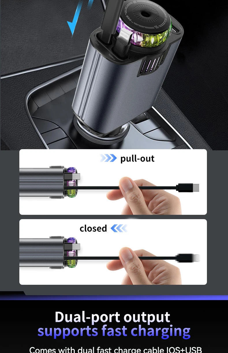 5-In-1 Car Aromatherapy Essential Oil Diffuser Starry Light 45W Retractable Phone Charger with IOS Type C PD30W Cable For IPhone