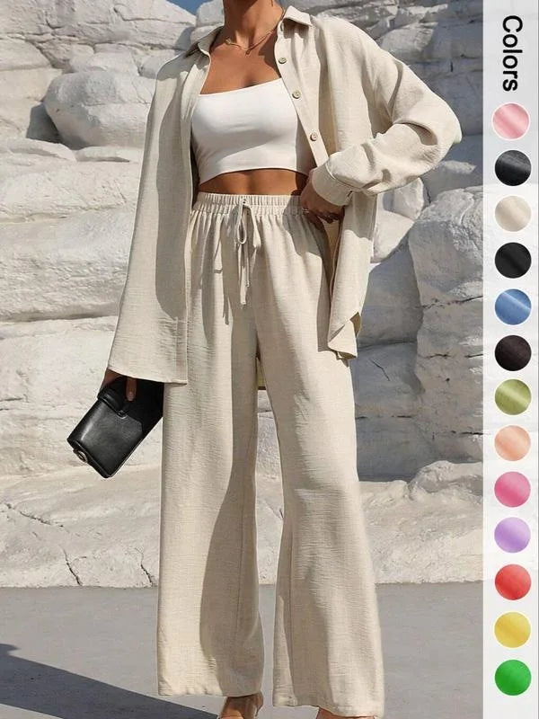 Spring Summer Women Matching Sets Shirts Blouses Solid Color Long Cardigan Pants Trousers Outfits Suits Tracksuits Casual