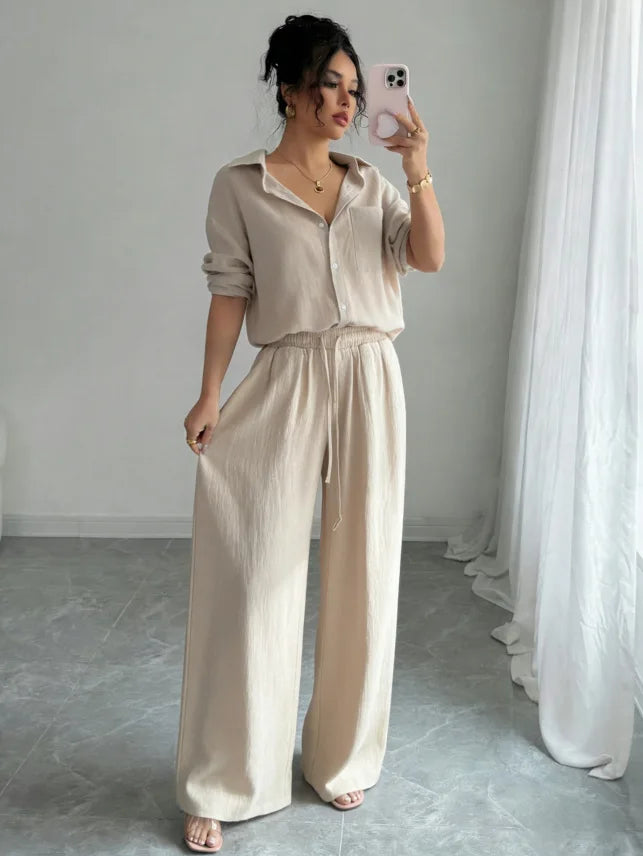 Spring New plus Size Women's Home Clothes Set Loose Long Sleeve Shirt High Waist Wide Leg Pants Two-Piece Pure Color Outfit