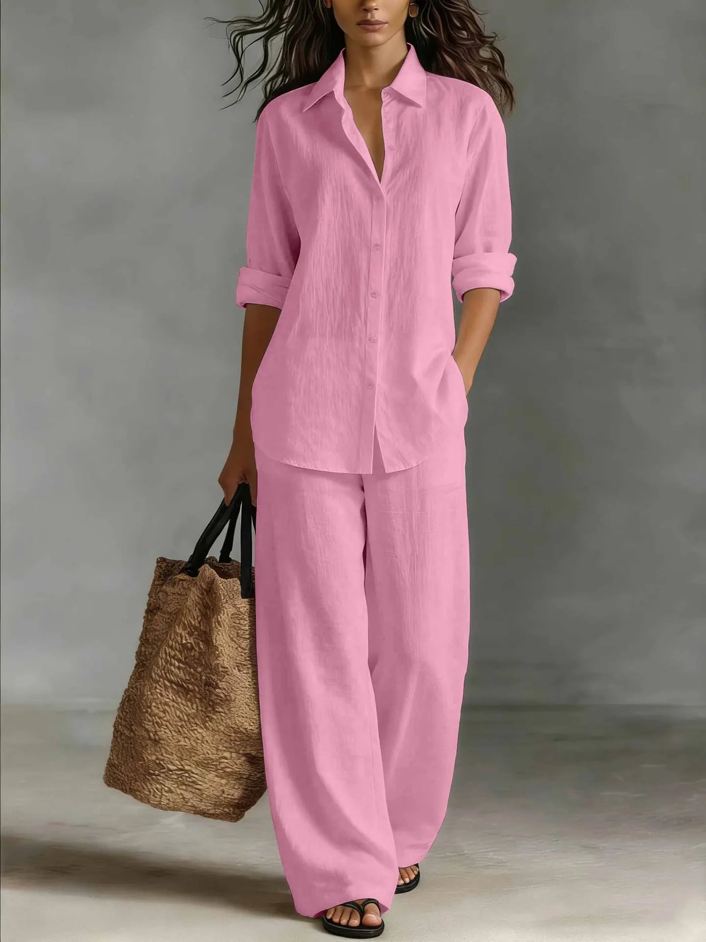 Spring Autumn Loose Cotton Linen Wide Leg Trousers Female Office 2piece Set