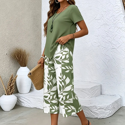 2Pcs Women Summer Casual Set, Smooth Soft Leaf Print Pants & Asymmetrical Top, Breathable Loungewear for Daily
