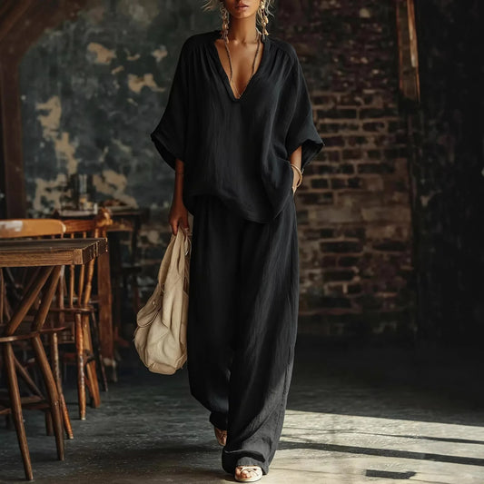 2026 Women's Fashion Casual Solid Color V-Neck Loose Short-Sleeve Casual Long Pants Two-Piece Set Women's Clothing