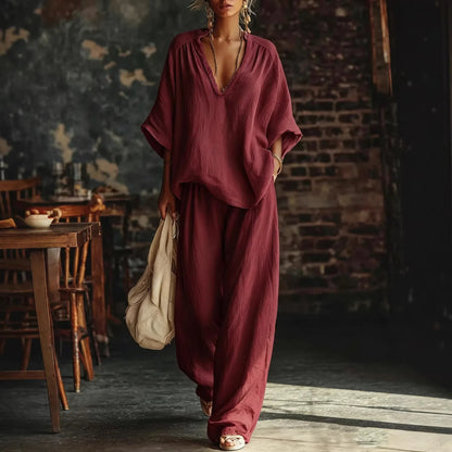 2026 Women's Fashion Casual Solid Color V-Neck Loose Short-Sleeve Casual Long Pants Two-Piece Set Women's Clothing