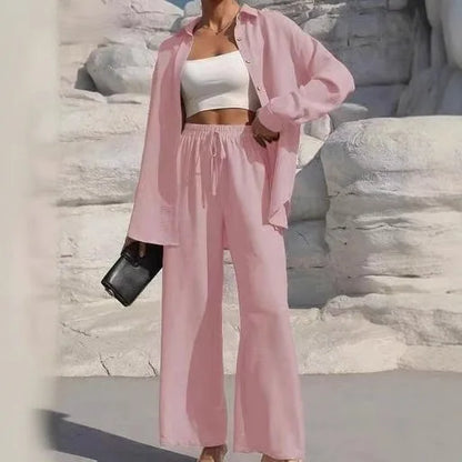 Spring Summer Women Matching Sets Shirts Blouses Solid Color Long Cardigan Pants Trousers Outfits Suits Tracksuits Casual