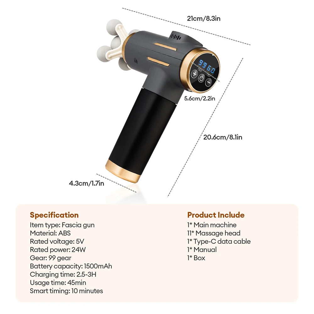 11-IN-1 Electric Massage Gun 99 Level Powerful Fascia Gun High-Frequency Vibration Body Massage Gun Arms Leg Muscle