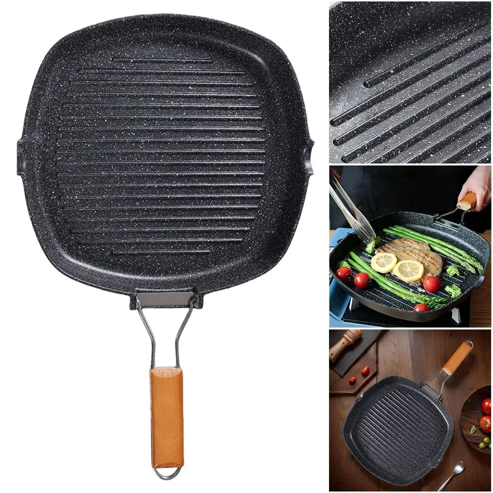 Frying Pan Picnic Grill Pan Anti-scald Wooden Handle Outdoor