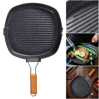 Frying Pan Picnic Grill Pan Anti-scald Wooden Handle Outdoor