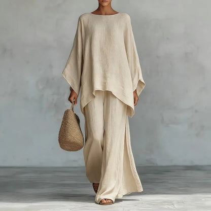Women's Summer 2-Piece Set Elegant Long Sleeve Top with Casual Wide Leg Pants Fashionable Beach Vacation Outfit