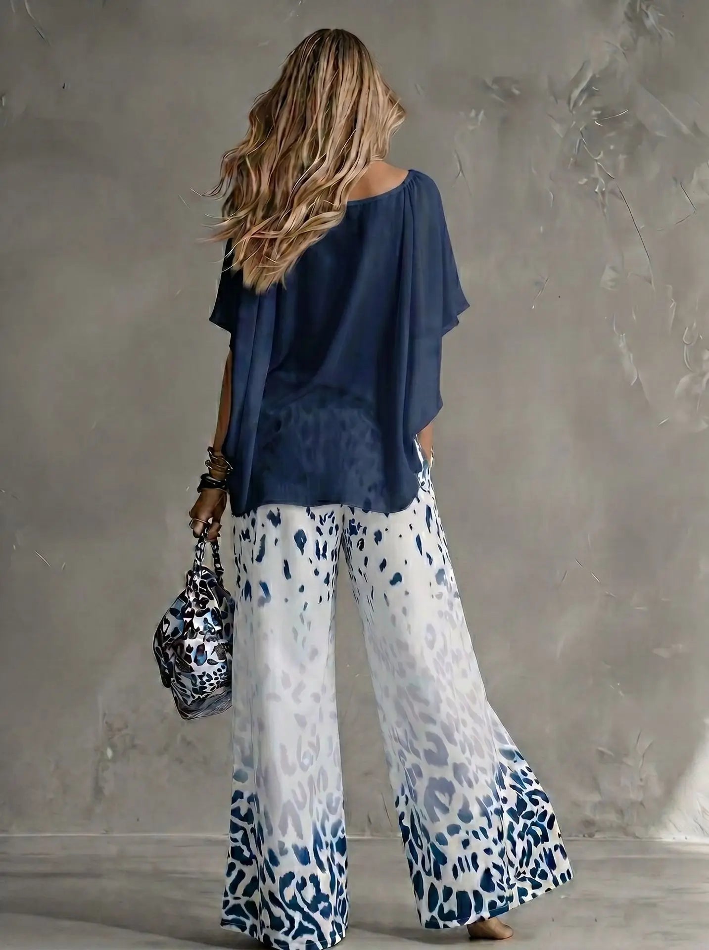 Women Fashion 2-Piece Outfit Flowy Batwing Sleeves Chiffon Blouse Gradient Leopard Print Wide Leg Pants Casual Summer Co-Ord Set
