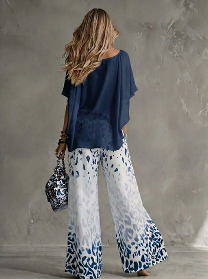 Women Fashion 2-Piece Outfit Flowy Batwing Sleeves Chiffon Blouse Gradient Leopard Print Wide Leg Pants Casual Summer Co-Ord Set