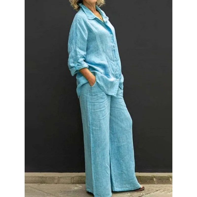 Spring and summer cotton linen suit women's lapel long sleeve loose shirt high waist wide leg pants casual two-piece suit