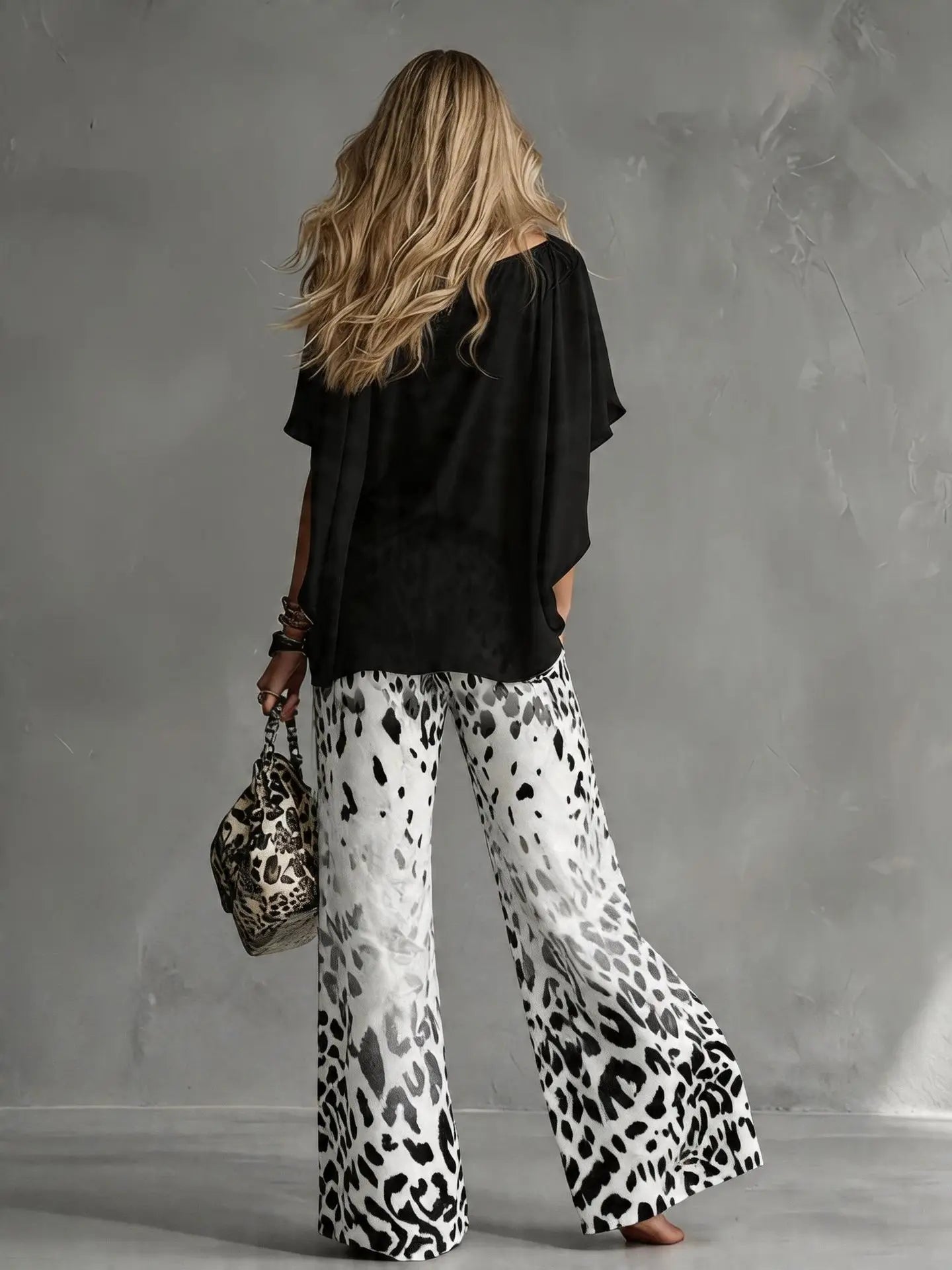 Women Fashion 2-Piece Outfit Flowy Batwing Sleeves Chiffon Blouse Gradient Leopard Print Wide Leg Pants Casual Summer Co-Ord Set