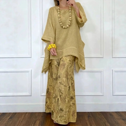 2026 New Fashion Best-selling Women's Casual Hemp Blend Asymmetrical Loose Top Wide-leg Pants Set