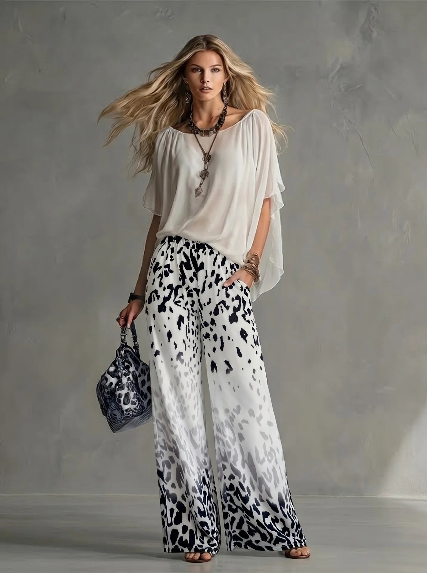 Women Fashion 2-Piece Outfit Flowy Batwing Sleeves Chiffon Blouse Gradient Leopard Print Wide Leg Pants Casual Summer Co-Ord Set