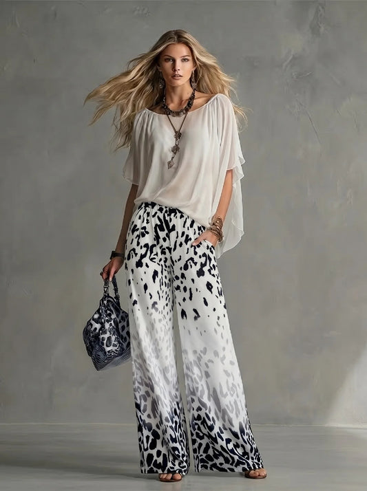 Women Fashion 2-Piece Outfit Flowy Batwing Sleeves Chiffon Blouse Gradient Leopard Print Wide Leg Pants Casual Summer Co-Ord Set