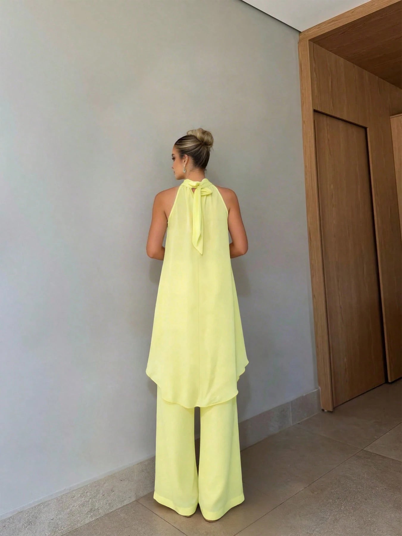 Ladies Elegant Chiffon Solid Color Semi-Transparent Top Bottoms Set Fashionable Translucent Outfit for Women