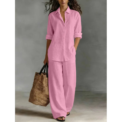 Spring Autumn Loose Cotton Linen Wide Leg Trousers Female Office 2piece Set