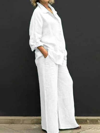 Spring and summer cotton linen suit women's lapel long sleeve loose shirt high waist wide leg pants casual two-piece suit