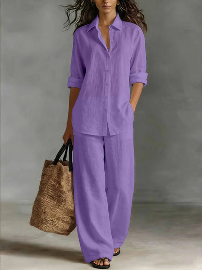 Spring Autumn Loose Cotton Linen Wide Leg Trousers Female Office 2piece Set