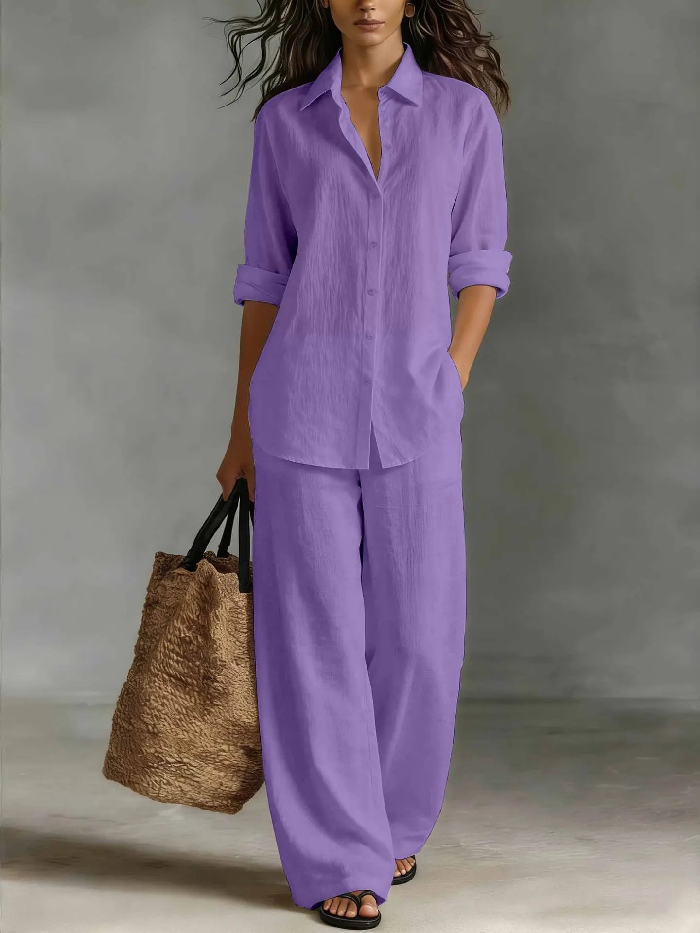 Spring Autumn Loose Cotton Linen Wide Leg Trousers Female Office 2piece Set