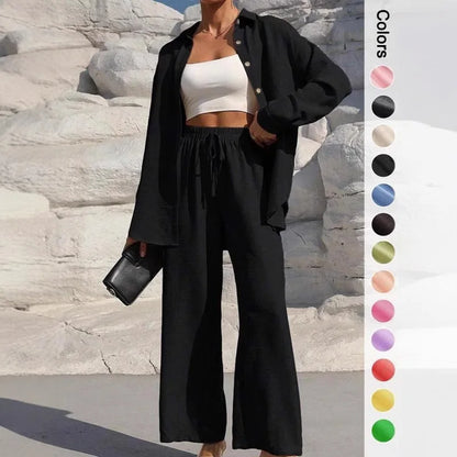 Spring Summer Women Matching Sets Shirts Blouses Solid Color Long Cardigan Pants Trousers Outfits Suits Tracksuits Casual