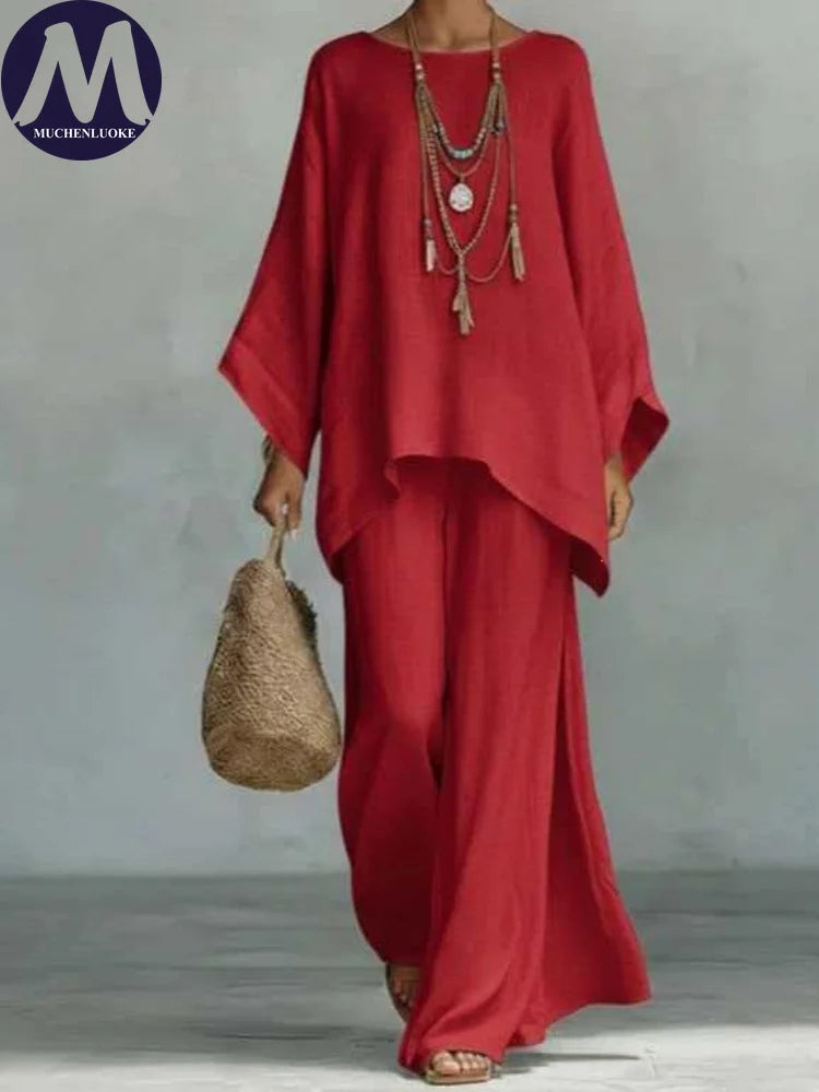 Women's Summer 2-Piece Set Elegant Long Sleeve Top with Casual Wide Leg Pants Fashionable Beach Vacation Outfit