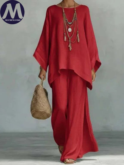 Women's Summer 2-Piece Set Elegant Long Sleeve Top with Casual Wide Leg Pants Fashionable Beach Vacation Outfit