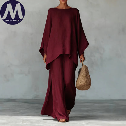 Women's Summer 2-Piece Set Elegant Long Sleeve Top with Casual Wide Leg Pants Fashionable Beach Vacation Outfit