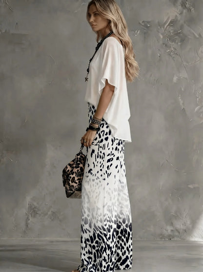 Women Fashion 2-Piece Outfit Flowy Batwing Sleeves Chiffon Blouse Gradient Leopard Print Wide Leg Pants Casual Summer Co-Ord Set