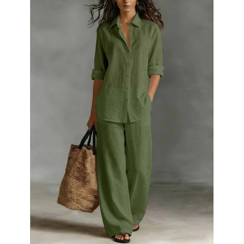 Spring Autumn Loose Cotton Linen Wide Leg Trousers Female Office 2piece Set