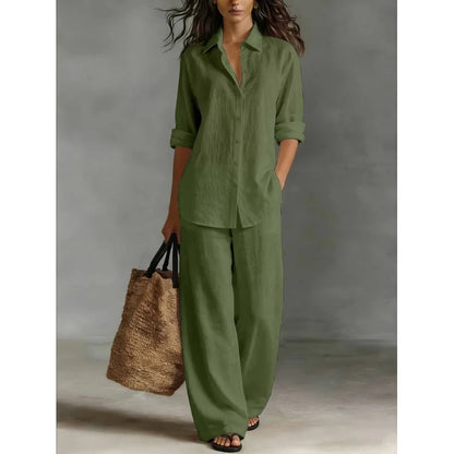 Spring Autumn Loose Cotton Linen Wide Leg Trousers Female Office 2piece Set