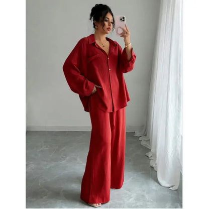 Spring New plus Size Women's Home Clothes Set Loose Long Sleeve Shirt High Waist Wide Leg Pants Two-Piece Pure Color Outfit